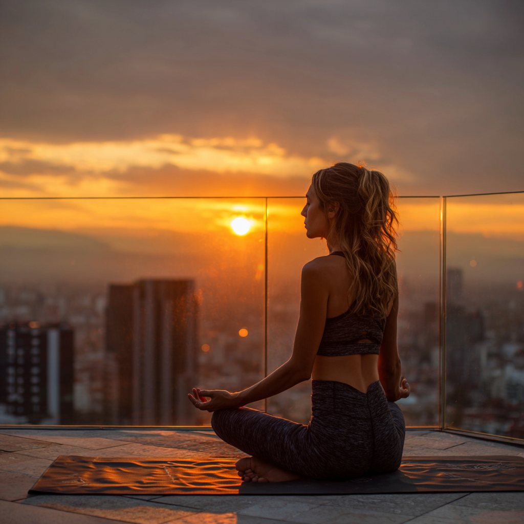 Жінка практикує йогу на заході сонця
